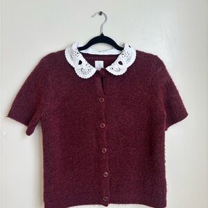 Joie Maroon Cardigan with removable Lace Collar